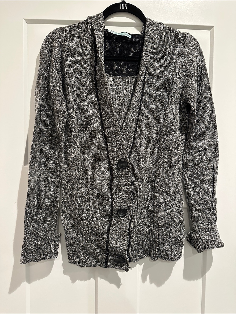 Maurices Marled Gray Button-Front Shawl Collar Cardigan with hoodie